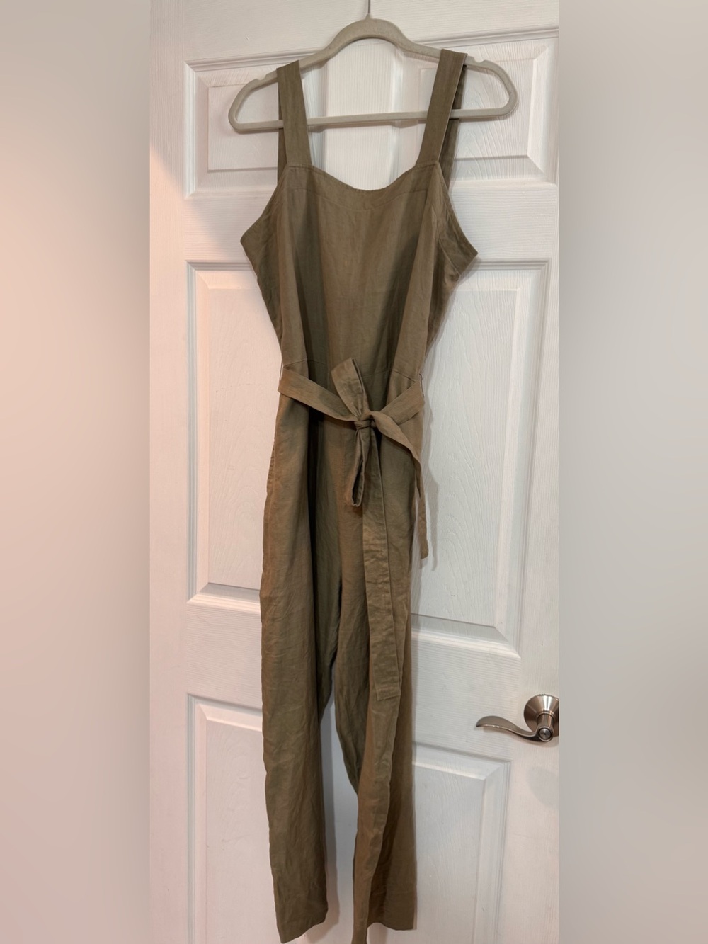 Quince Olive Green 100% Linen Jumpsuit with Tie Waist